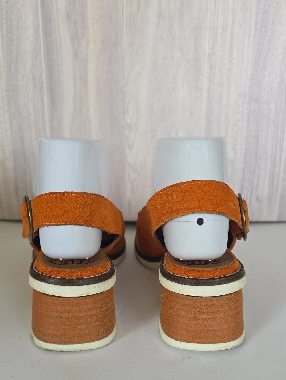 FLY London Burnt Orange Suede Mule Sandals Chunky Heel Buckle Straps Sz 38/7.5US